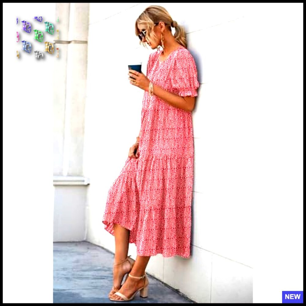 Floral Boho Midi Dress Casual Summer Puff Sleeve Flowy Beach Vacation Sundress - Picture 4 of 6